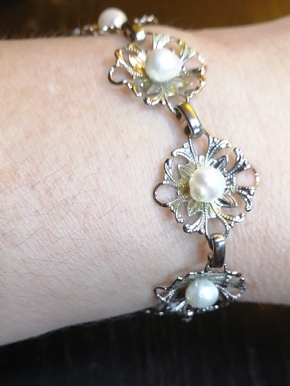 Genuine Pearl Filigree Flower Link Bracelet 7.75" Long